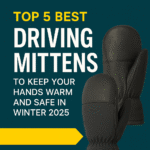 Five pairs of insulated driving mittens arranged on a car dashboard, each designed for warmth, grip, and comfort during winter driving in 2025.