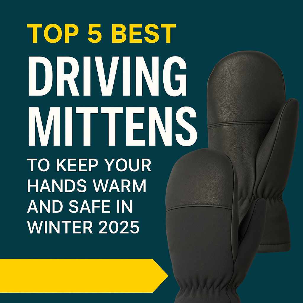 Five pairs of insulated driving mittens arranged on a car dashboard, each designed for warmth, grip, and comfort during winter driving in 2025.