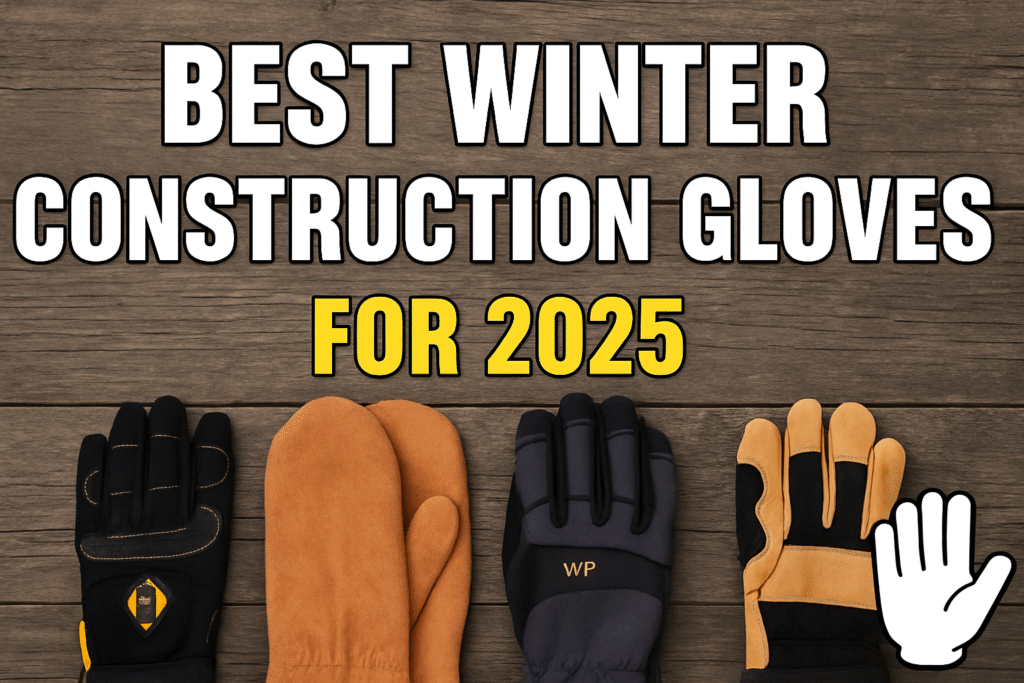 Heavy-duty winter construction gloves resting on a toolbox at a snowy job site, built for warmth, grip, and protection in cold working conditions.