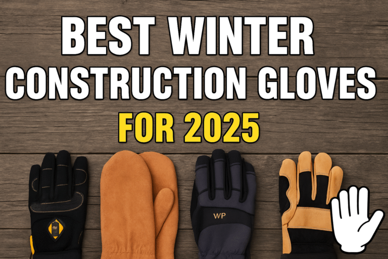 Heavy-duty winter construction gloves resting on a toolbox at a snowy job site, built for warmth, grip, and protection in cold working conditions.
