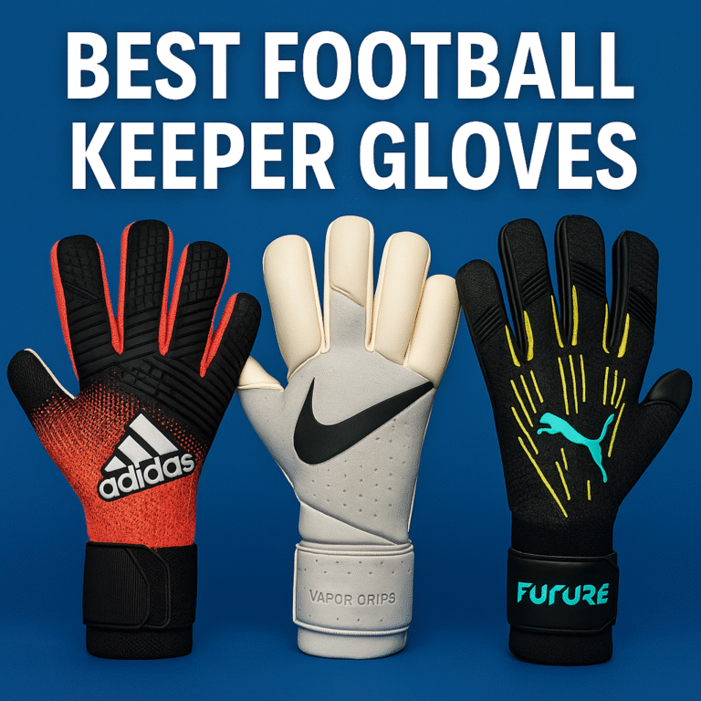Three pairs of football goalkeeper gloves displayed on a grassy pitch, featuring modern designs optimized for grip, comfort, and finger protection in 2025.
