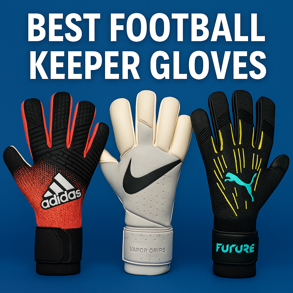 Three pairs of football goalkeeper gloves displayed on a grassy pitch, featuring modern designs optimized for grip, comfort, and finger protection in 2025.