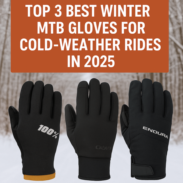 Three pairs of insulated mountain biking gloves positioned on a trail-side rock, designed for grip, warmth, and protection during winter MTB rides.