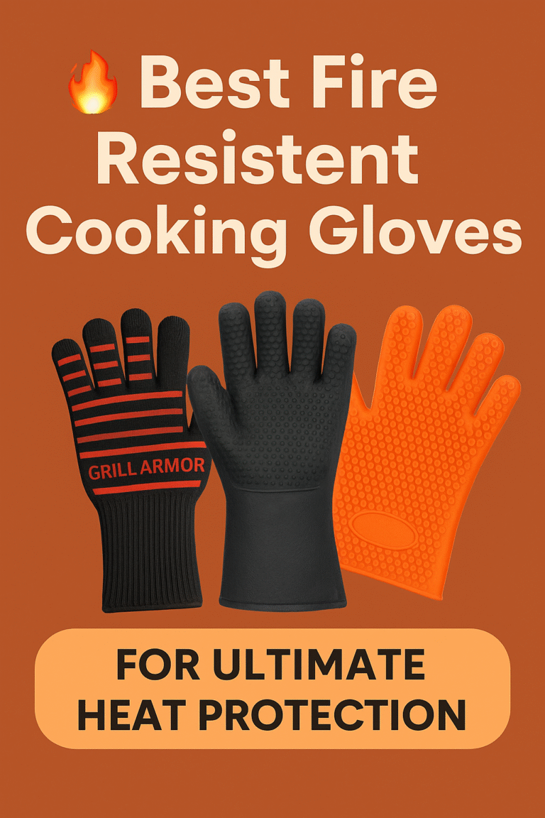 A pair of fire-resistant cooking gloves resting beside a grill and cast iron pan, designed to protect hands from extreme heat and open flames.