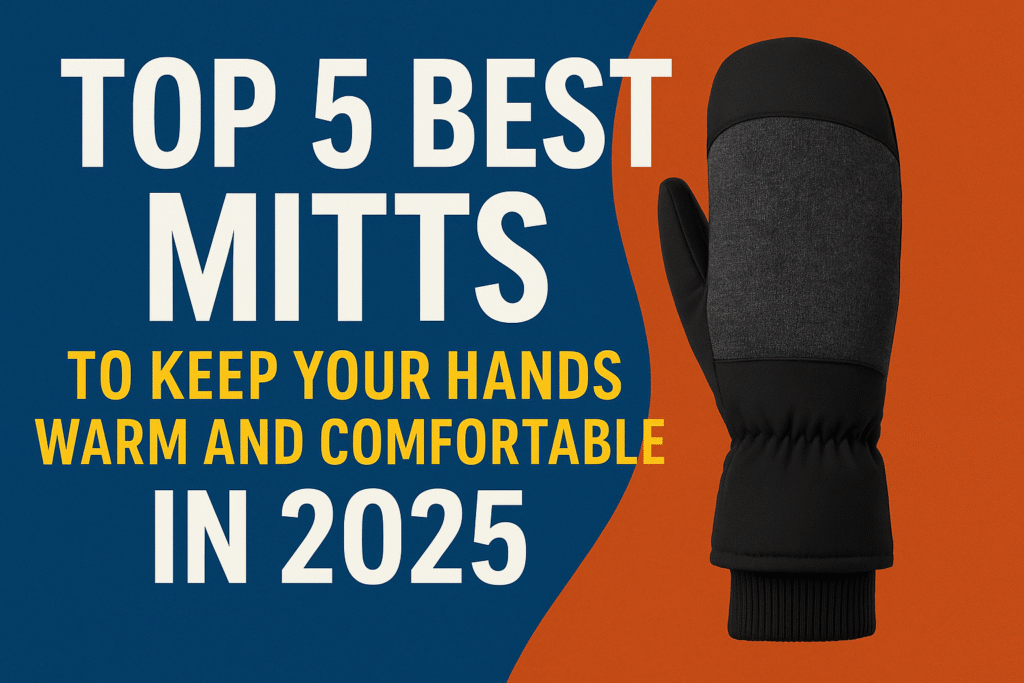 Five pairs of insulated mittens displayed on a wooden table, designed for warmth and comfort during cold winter months in 2025.