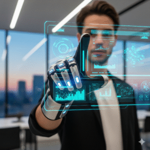 A man wearing a smart gloves interacting with a holographic user interface in a futuristic office setting.