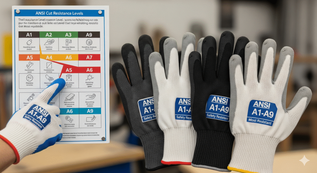 A hand points to an ANSI Cut Resistance Levels chart, showing ratings A1 through A9, next to a variety of cut-resistant gloves.