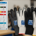 A hand points to an ANSI Cut Resistance Levels chart, showing ratings A1 through A9, next to a variety of cut-resistant gloves.