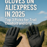 Pair of black hiking gloves held up on a mountain trail under blue sky with text reading ‘Best Hiking Gloves on AliExpress in 2025: Top 3 Picks for Trail Comfort and Grip.