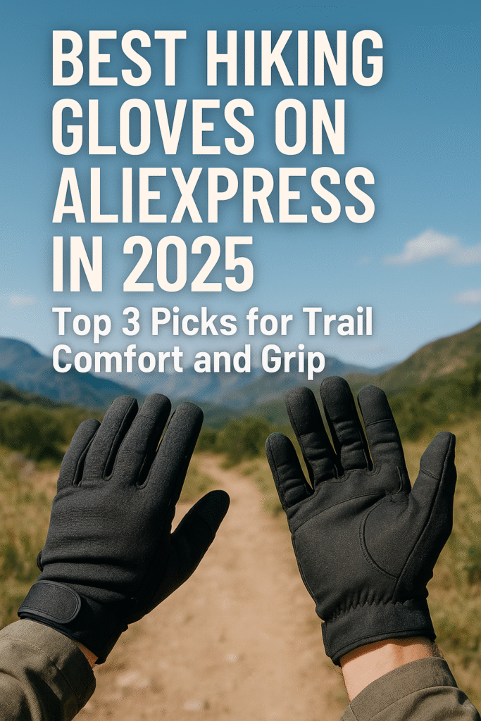 Pair of black hiking gloves held up on a mountain trail under blue sky with text reading ‘Best Hiking Gloves on AliExpress in 2025: Top 3 Picks for Trail Comfort and Grip.