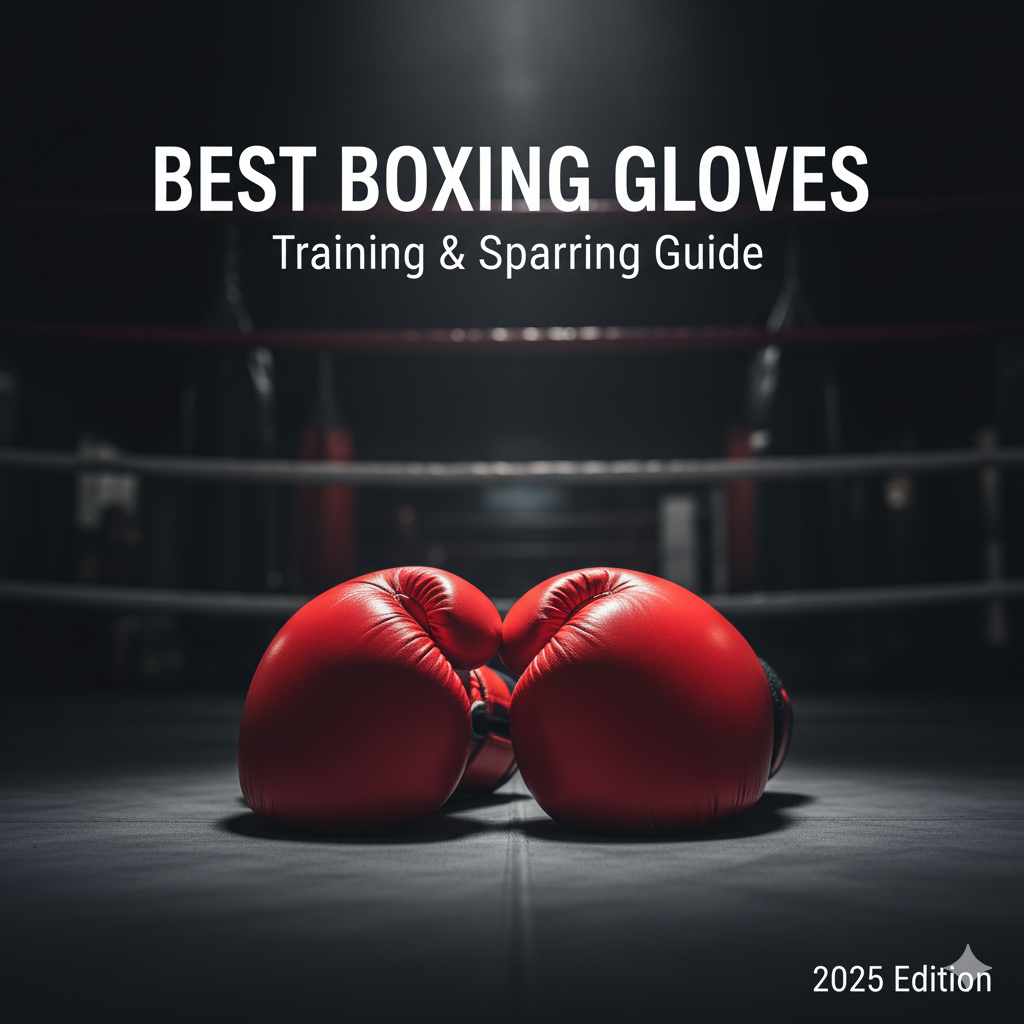 Vibrant red professional boxing gloves centered on a dark canvas mat under a spotlight. Text overlay: "BEST BOXING GLOVES Training & Sparring Guide 2025 Edition".