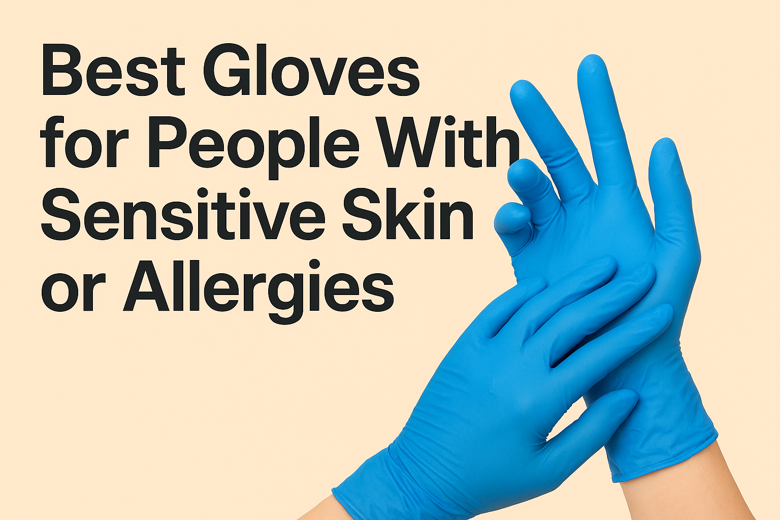 Blue nitrile gloves being worn on hands next to the title “Best Gloves for People With Sensitive Skin or Allergies” on a beige background.